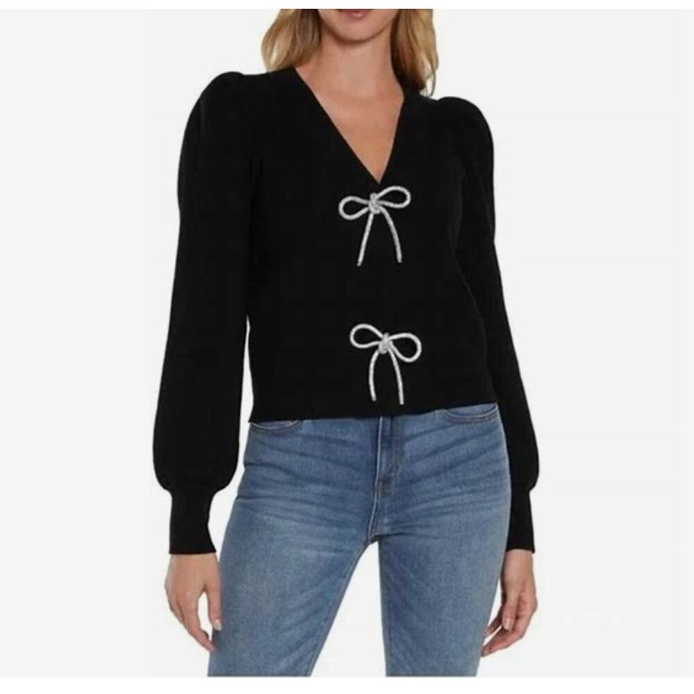 Express Black Sweater Cardigan with White Bow Accents